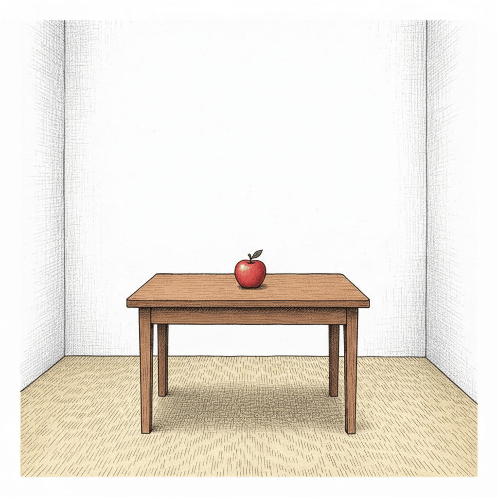 A simple wooden table in a minimalist room with a single red apple placed in the middle