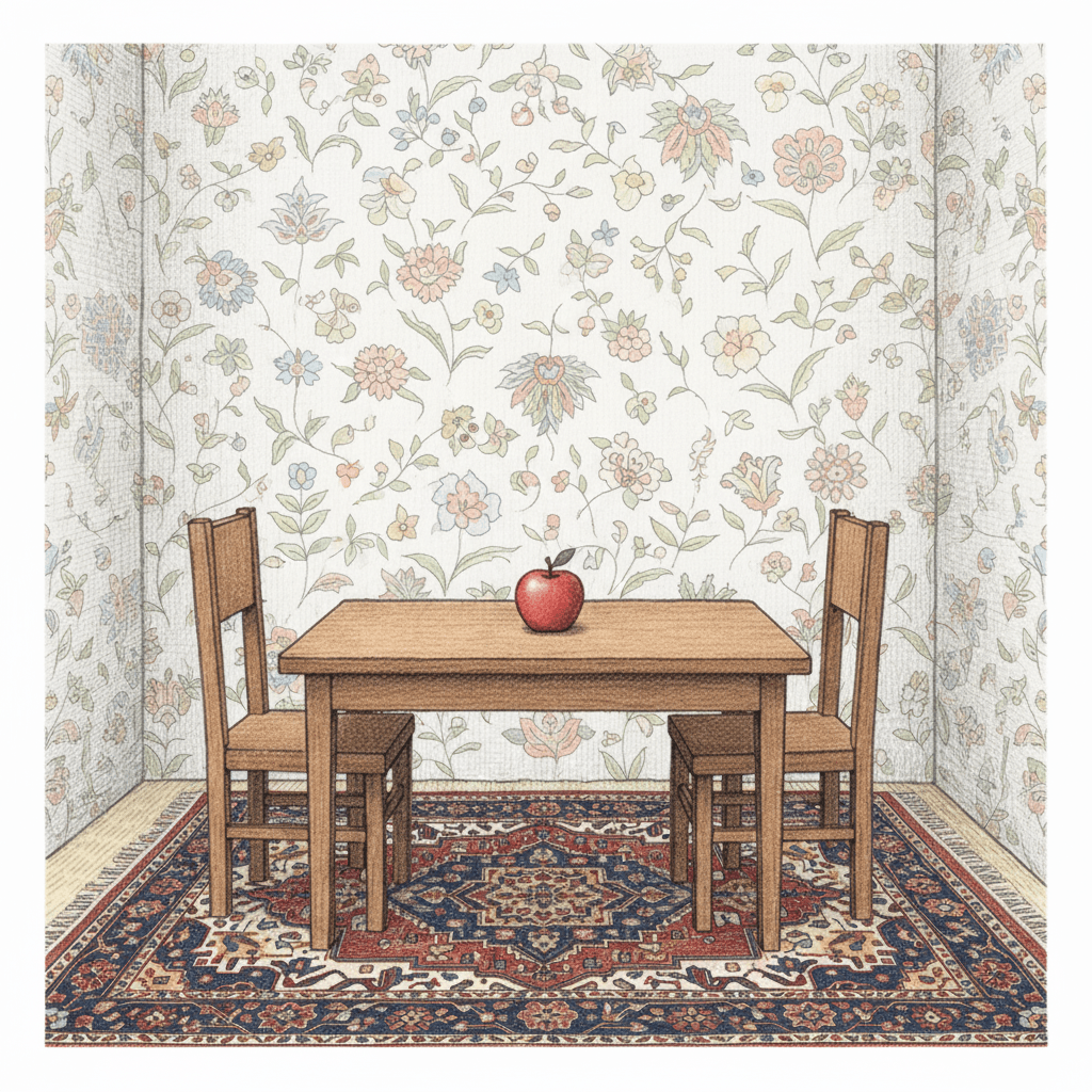 The room growing with colorful wallpaper appearing on the walls, a Persian rug on the floor, paintings on the walls, and furniture being moved around