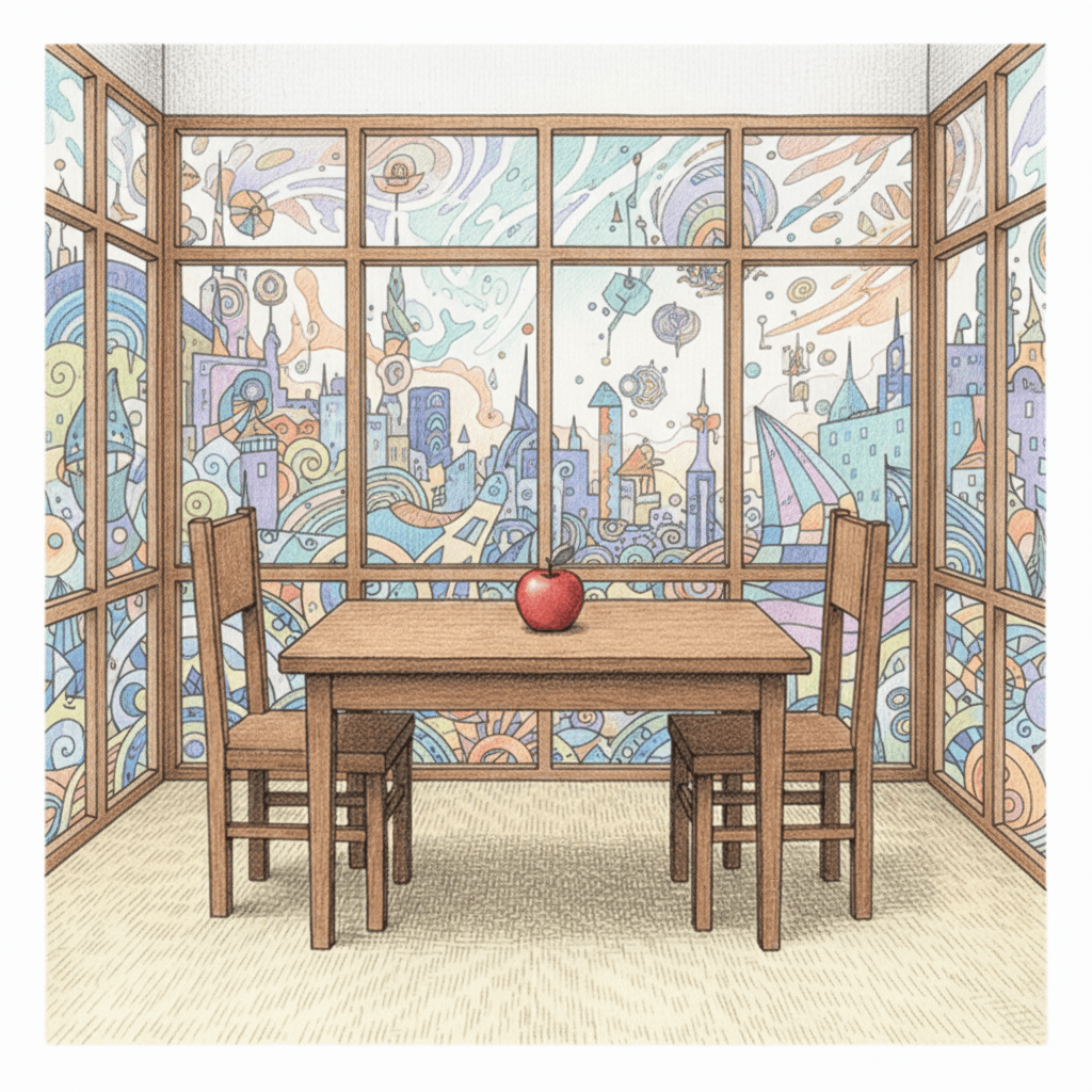 A cozy room with large windows showing a dreamlike, slightly blurred landscape outside—part realistic cityscape, part abstract patterns, suggesting knowledge that's both real and uncertain