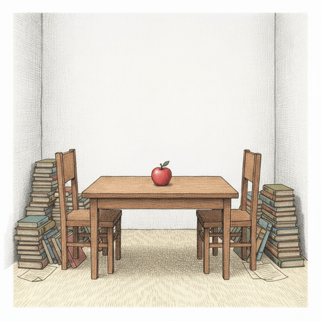 A room becoming cluttered with stacks of books, papers, and objects piling up, some items beginning to fade or blur at the edges, suggesting the limits of space and memory