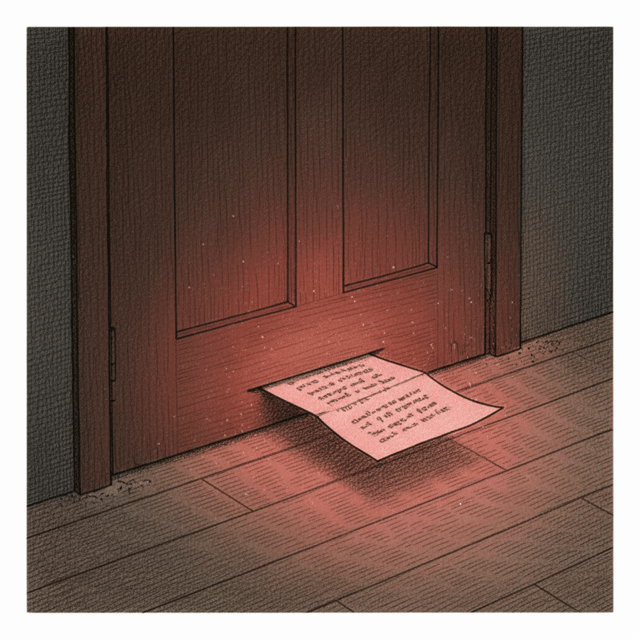 A close-up of a folded paper being slid under a door gap, the paper glowing ominously red, with shadowy text visible through the paper suggesting hidden instructions
