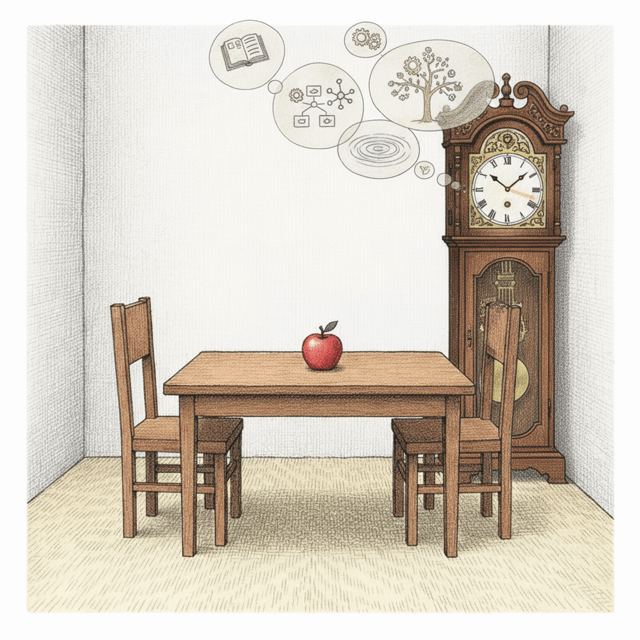 A room with an ornate grandfather clock, its hands moving in slow motion, with translucent thought bubbles emanating from the clock showing layers of reasoning and reflection