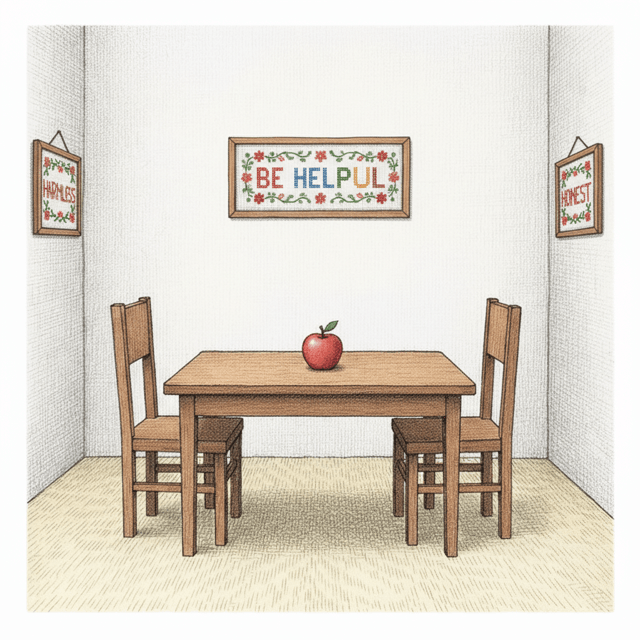 A cozy room with framed embroidered text on the walls reading 'Be helpful, harmless, and honest' in decorative stitching, like grandmother's wisdom displayed in cross-stitch