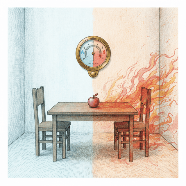 A vintage brass thermostat on the wall with a dial showing both icy blue and fiery red zones, with the room's atmosphere visibly shifting between ordered and chaotic