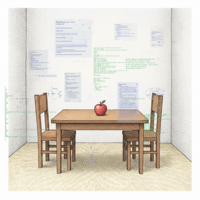 A room where faint ghostly text and images float in the air like echoes, showing fragments of Wikipedia pages, code snippets, and academic papers