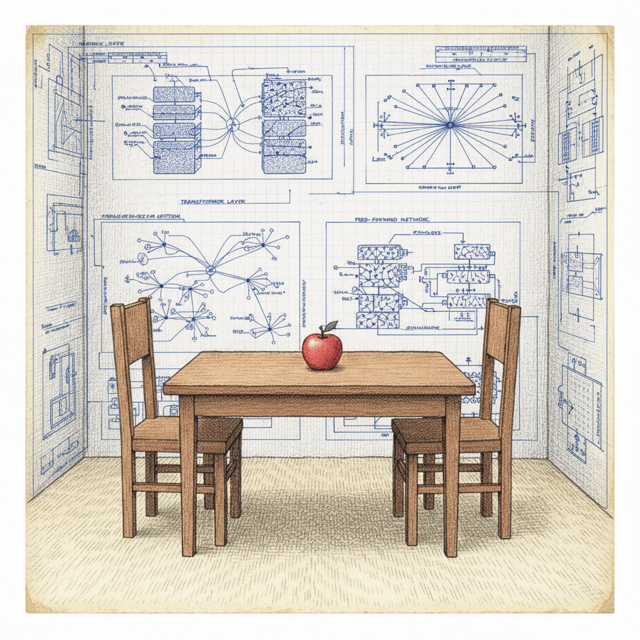 Architectural blueprints visible through translucent walls showing transformer layers, attention mechanisms, and neural network diagrams