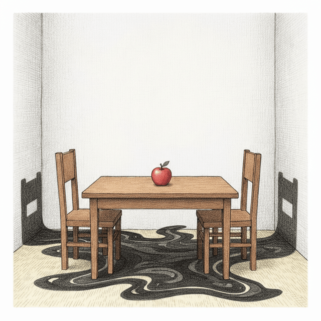 A room with deep shadows in corners and under furniture, where the shadows seem to move and shift independently, suggesting hidden biases