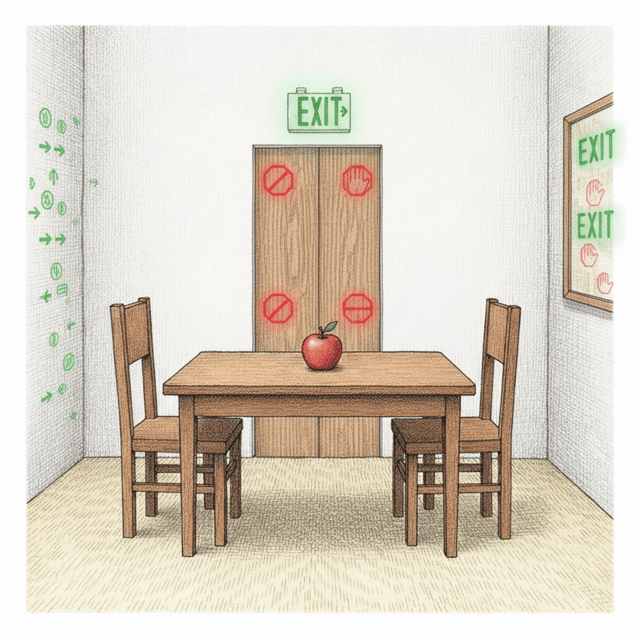 A room with subtle glowing exit signs and stop symbols integrated into the decor, some obvious and some hidden