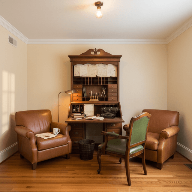 A side view of a room with a writing desk covered in papers, pens, and documents being edited