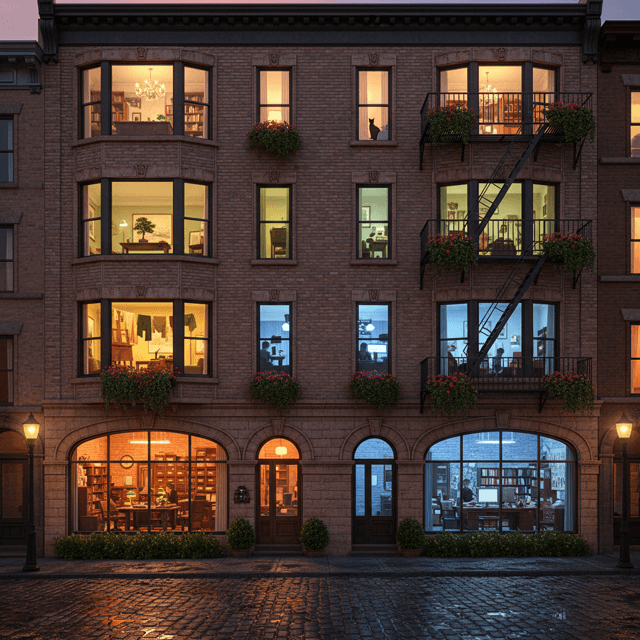 A cutaway side view of an apartment building showing multiple rooms stacked vertically, each with different furniture and personalities