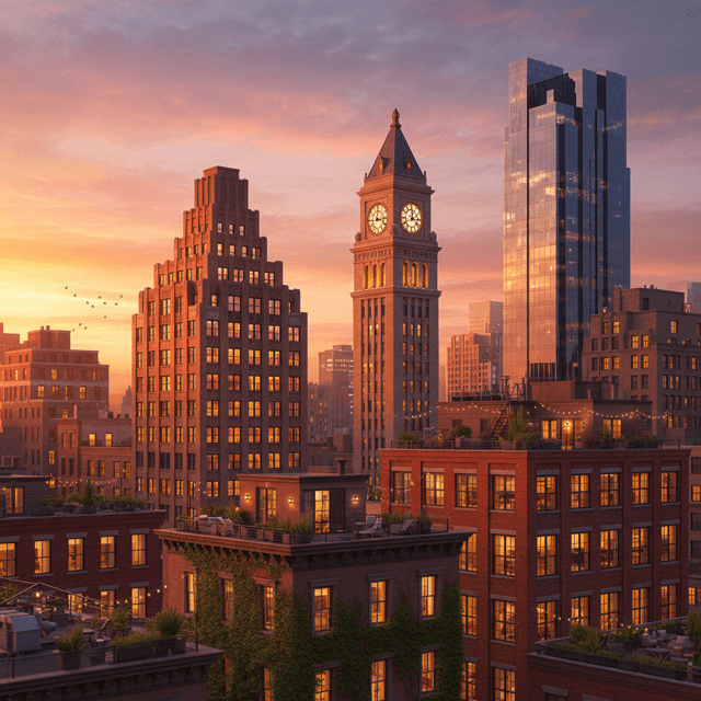 A wide side view showing a cityscape of buildings, each representing different agent systems working on complex tasks