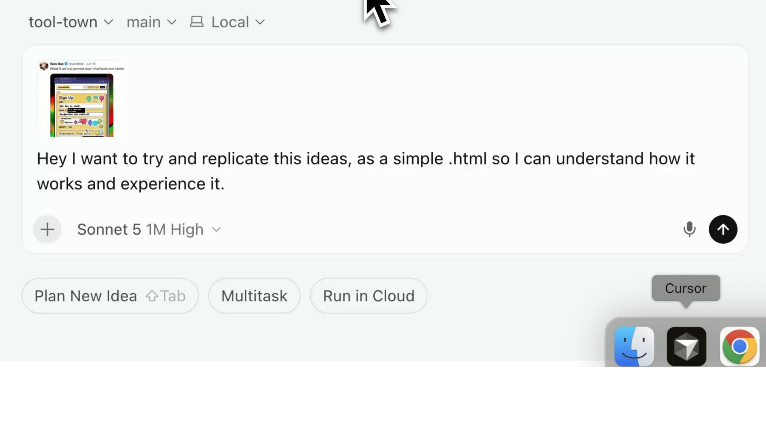 Slide 20 — The process: Cursor + voice → "replicate it into one HTML file"